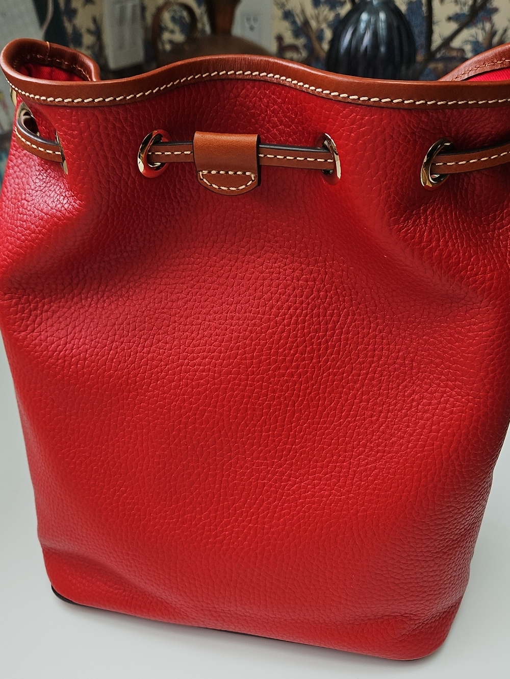 Dooney & Bourke Red Pebble Leather Drawstring Shoulder Bag - Picture 2 of 16